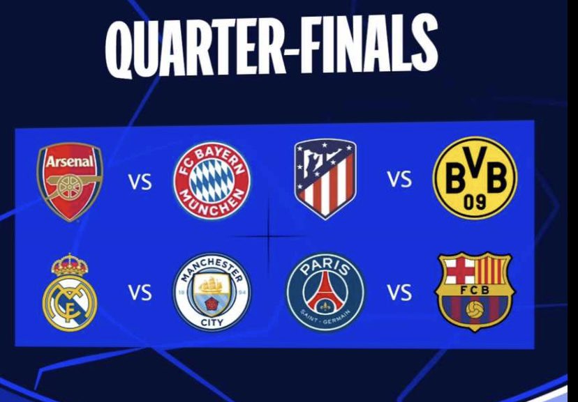 SuperFMLagos's tweet photo. 📌Real Madrid vs Man City 
📌PSG vs Barcelona 
📌Arsenal vs Bayern Munich 
📌Atletico Madrid vs Borussia Dortmund 

Which 4 sides are you picking for the semi-finals of the Champions League 🫵🏾

#UCLDraw #sports927 #fortheloveofthegame https://t.co/IrHrf4OsQY