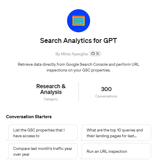 URL Inspections in ChatGPT? Easy!

I've built Search Analytics for GPT as a quick way to retrieve and analyze GSC data within ChatGPT. Moreover, the data is fetched directly using Google's APIs, without passing through any third-party service.🕵️

👉Link: chat.openai.com/g/g-a0WoBxiPo-…