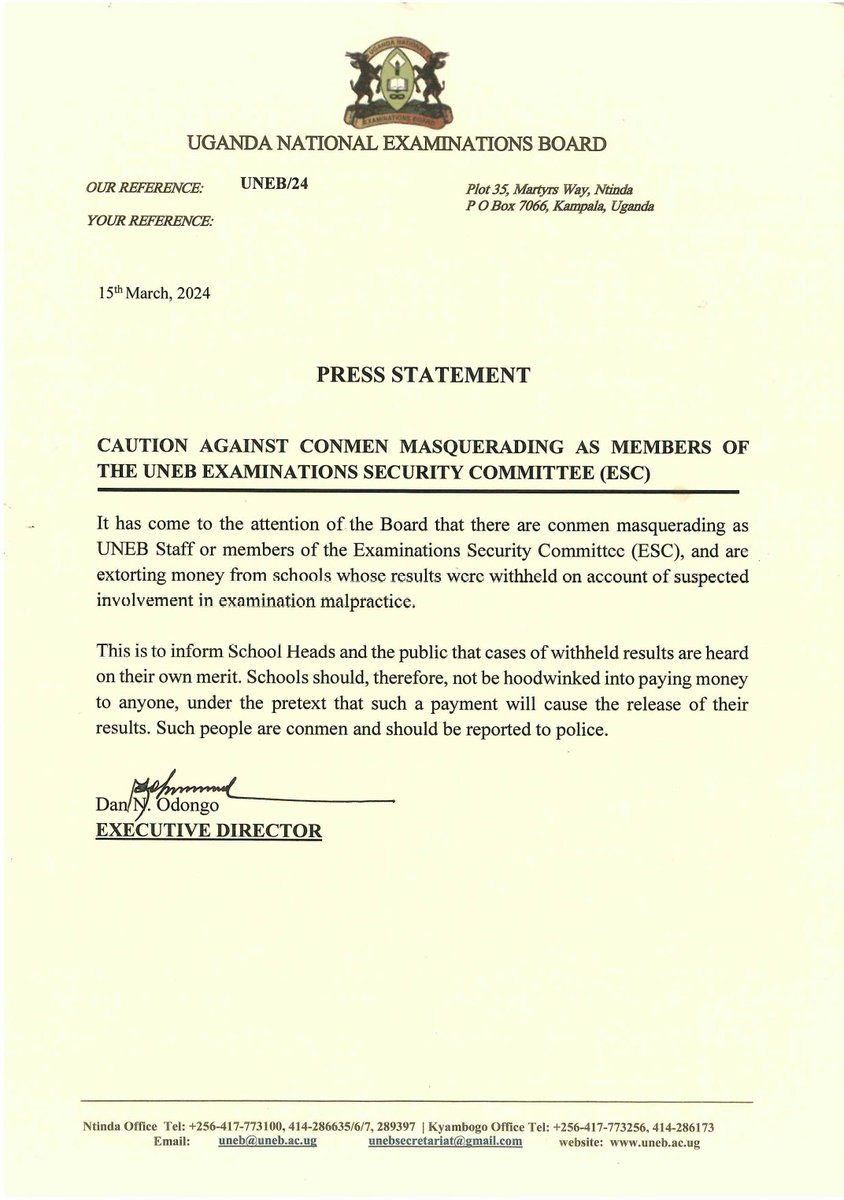 PUBLIC NOTICE FROM @UNEB_UG OVER CONMEN MASQUERADING AS MEMBERS OF THE UNEB EXAMINATIONS SECURITY COMMITTEE (ESC). @Blessedjkm1 @Educ_SportsUg @OfwonoOpondo