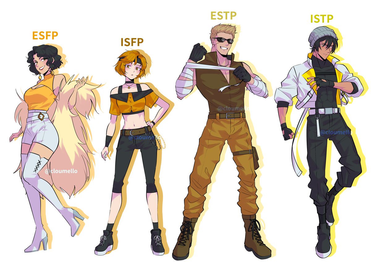 cloumello's tweet image. my updated version of 16p character designs
#16Personalities #MBTI #art