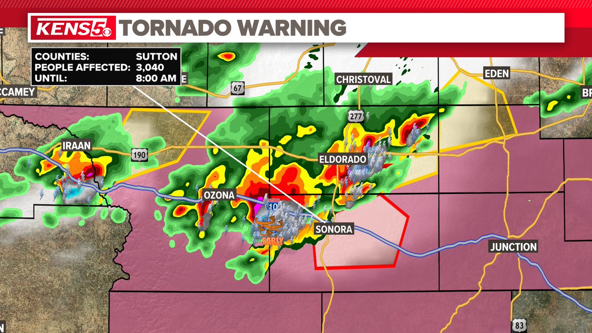 A Tornado Warning is in effect for Sutton County through 8 AM.