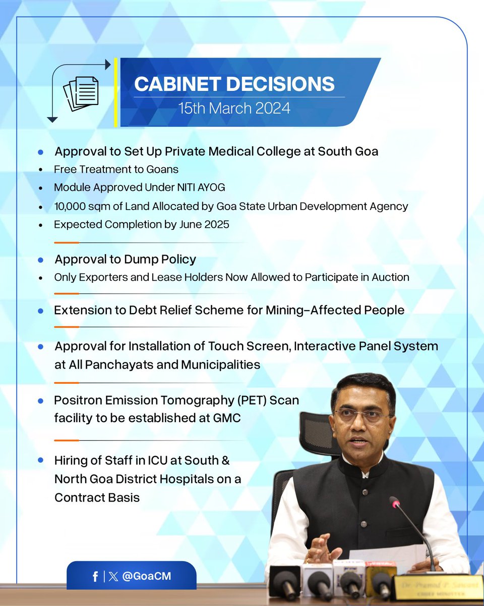 Important cabinet decisions announced by Hon'ble Chief Minister @DrPramodPSawant on 15th March, 2024 at Mantralaya.