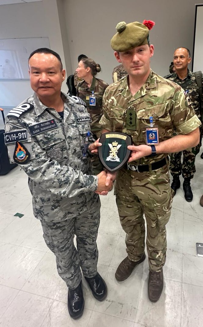 3 SCOTS recently took part in Ex COBRA GOLD 24 in Thailand, planning operations with over 15 partner nations. CAPT Sawankhathat, of the Royal Thai Navy, was presented with a gift on behalf of the Regiment to mark the occasion. @5thSFAB @11SFABde @INDOPACOM