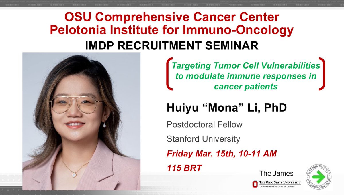 Join us today for #PIIO - Medical Oncology recruitment seminar by Dr. Mona Li, entitled 'Targeting Tumor Cell Vulnerabilities to modulate immune responses in cancer patients.’