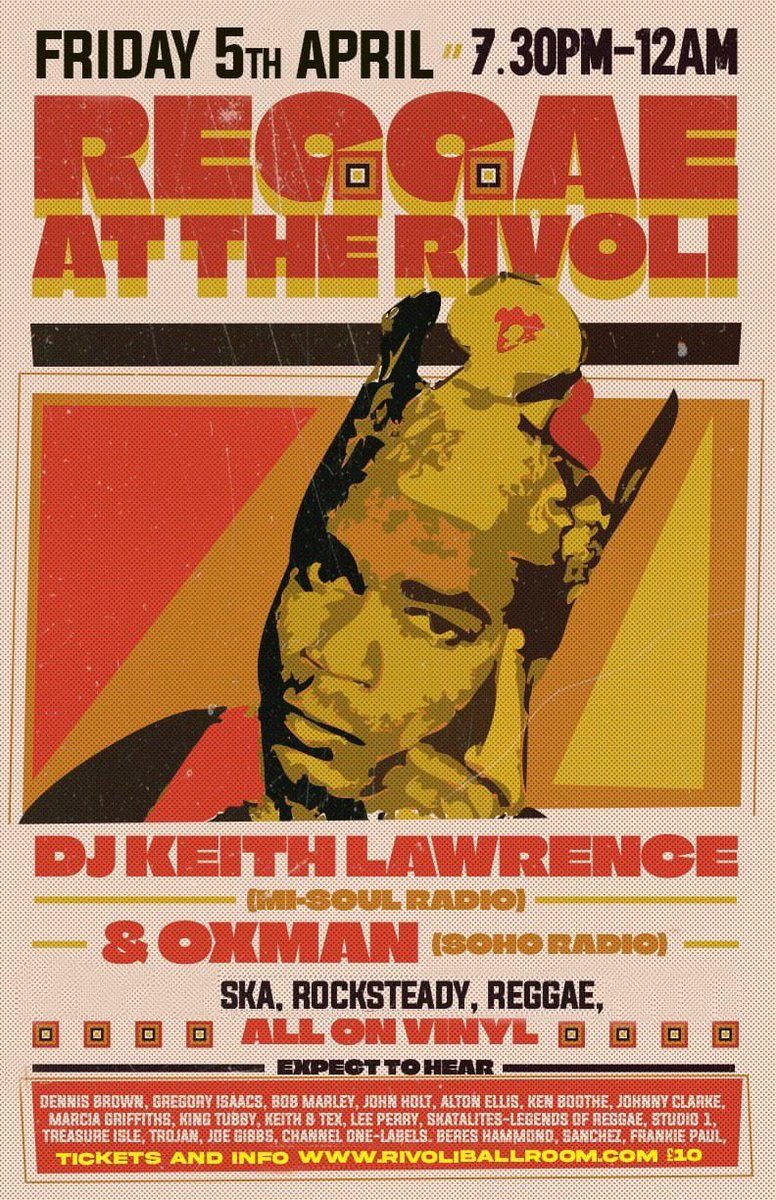 Friday 5th April is our next date for 'Reggae @RivoliBallroom Ska, rocksteady, & reggae from myself & Oxman. The vibes have been second to none since we've started in November & we've been sold out each time! Don't miss out on the tickets available now at rivoliballroom.com