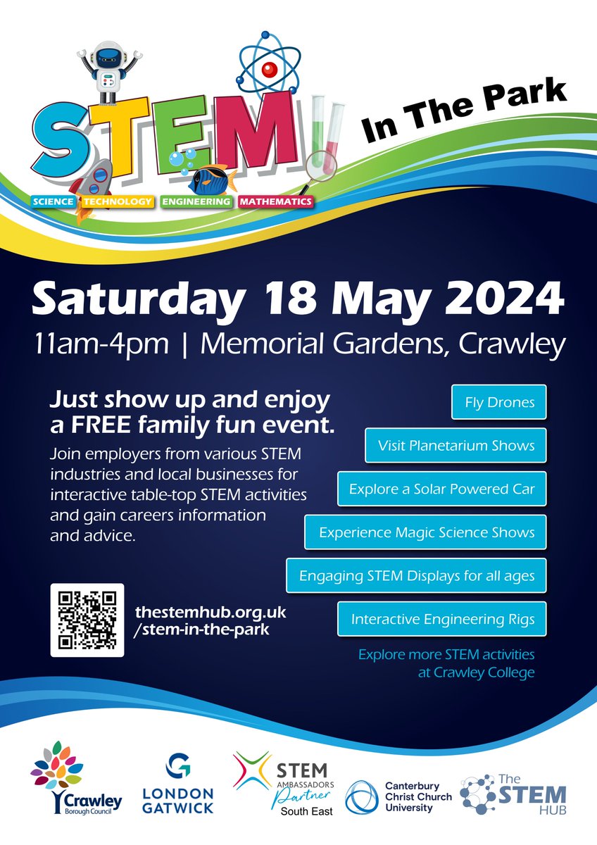 Yet more organisations supporting #STEMInThePark24 #Crawley this May @RED_Eng_Design
@Servomex
@StarlightStem
@SussexMaths
@sussexsurreyiot
@SussexUni
@SxHealthandCare
@ThalesUK
@TheDroneRules
@UK_CAA @WatesGroup making it a FREE #family day out full of #STEM #fun.