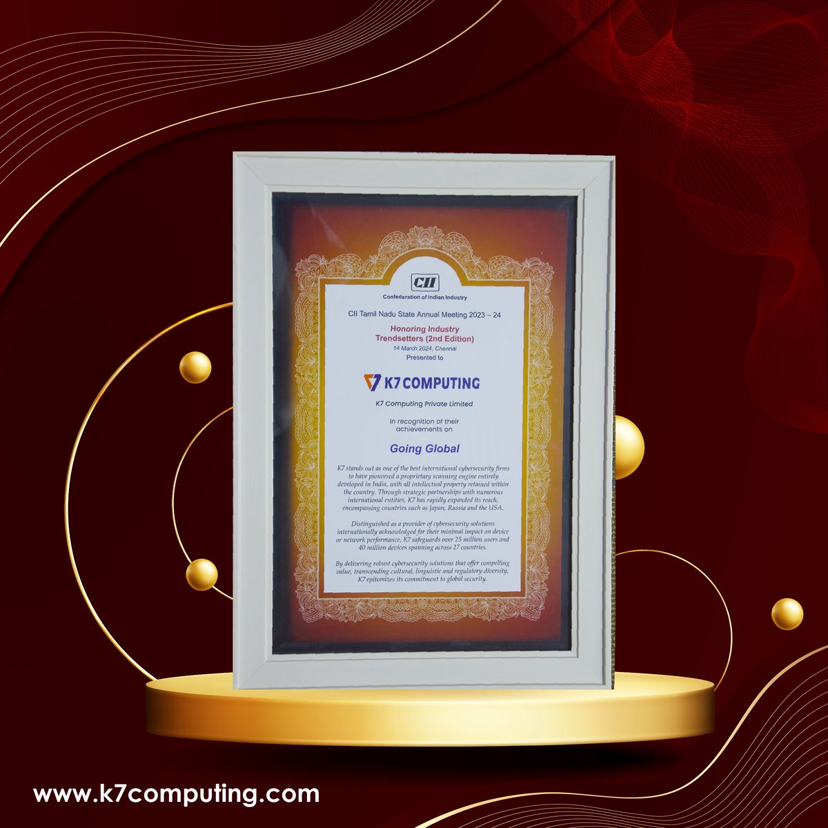 k7computing's tweet image. The Confederation of Indian Industry presented the CII Industry Trendsetters – Going Global Award to K7 Computing in honour of K7’s contributions to India’s rising prominence on the global stage. 

#k7computing #goingglobal #industrytrendsetters #cybersecurity