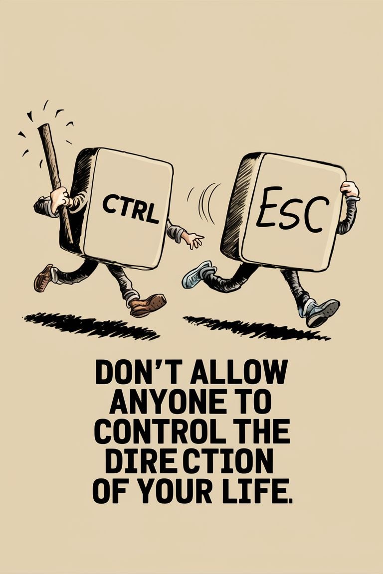 Don’t allow anyone to control the direction of your life! Prompt: A cartoon showing two computer keyboard keys drawn separately. On the left of the image is the control key carrying a stick. On the control key are the letters 'CTRL'. On the right of the image Is the escape key.…