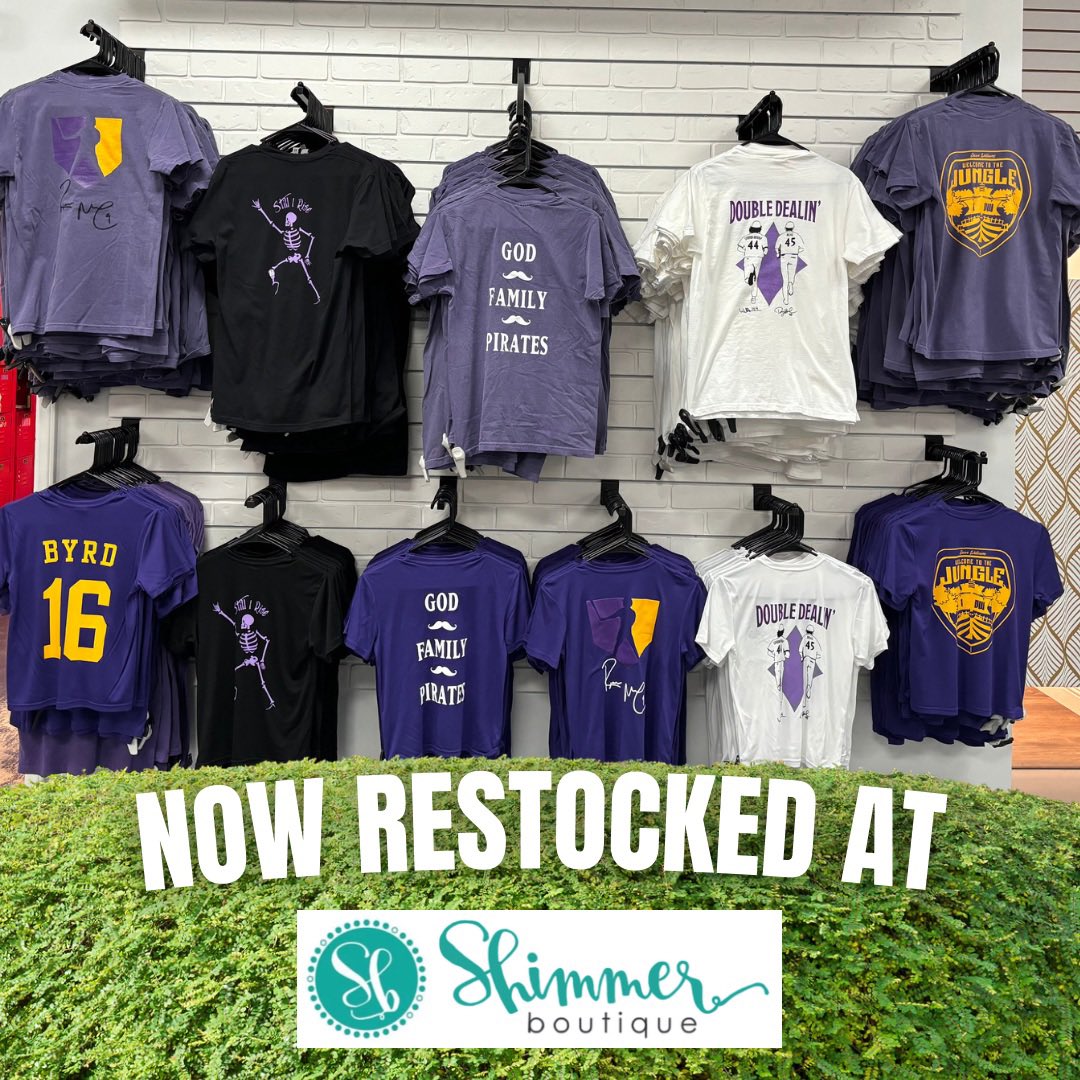 🏴‍☠️⚾️ RESTOCKED FOR THE WEEKEND: NIL shirts from Parker Byrd, JJC, Dixon Williams, Ryan McCrystal, Wyatt Lunsford Shenkman and Danny Beal have been restocked at Shimmer. The t-shirts are available in youth and adult sizes. Live out of town, no problem, just message Shimmer on