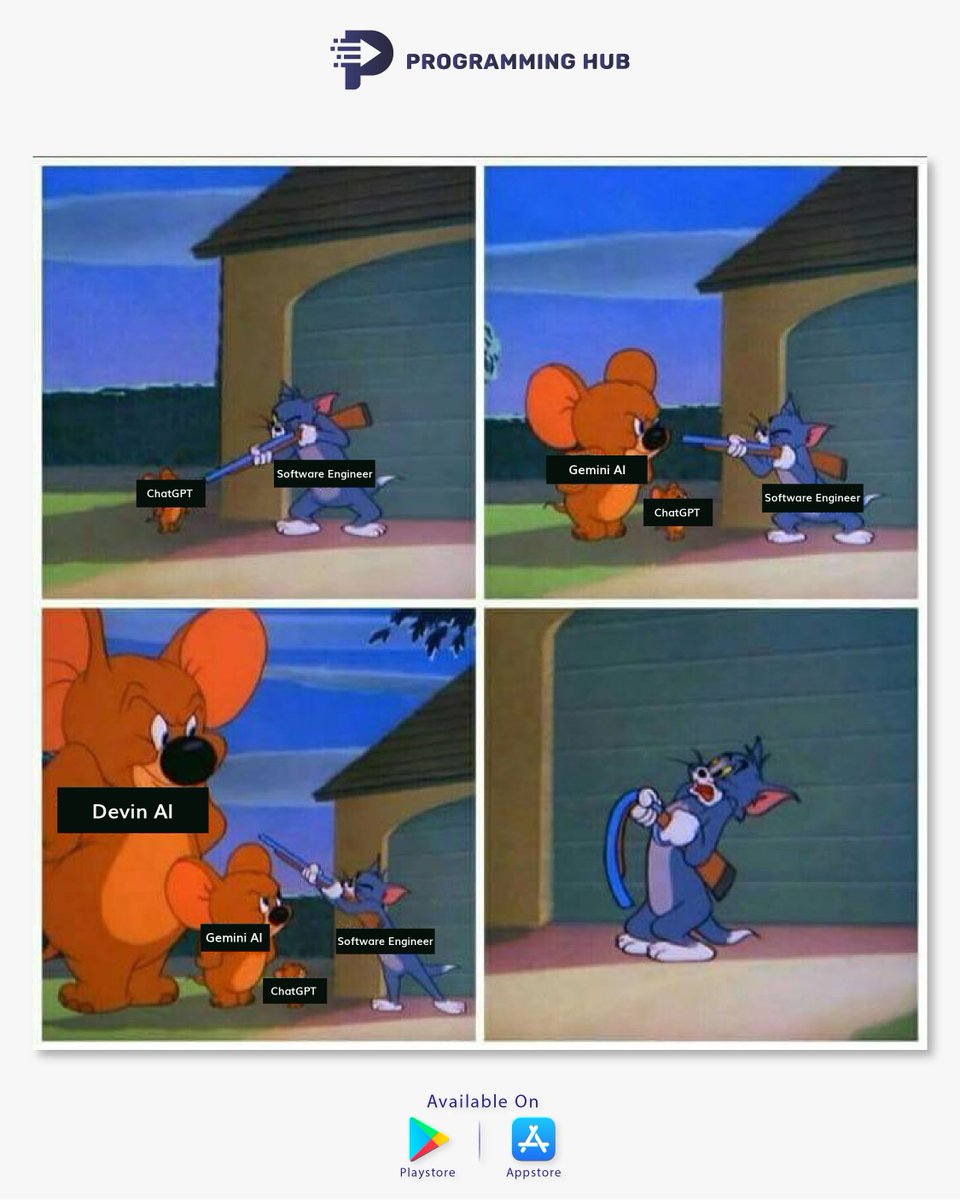 Prghub's tweet image. Devin AI is here 😮

#DevinAI #devin #AI #SoftwareEngineer #AIMeme #DevinAIMeme #SoftwareEngineerMeme