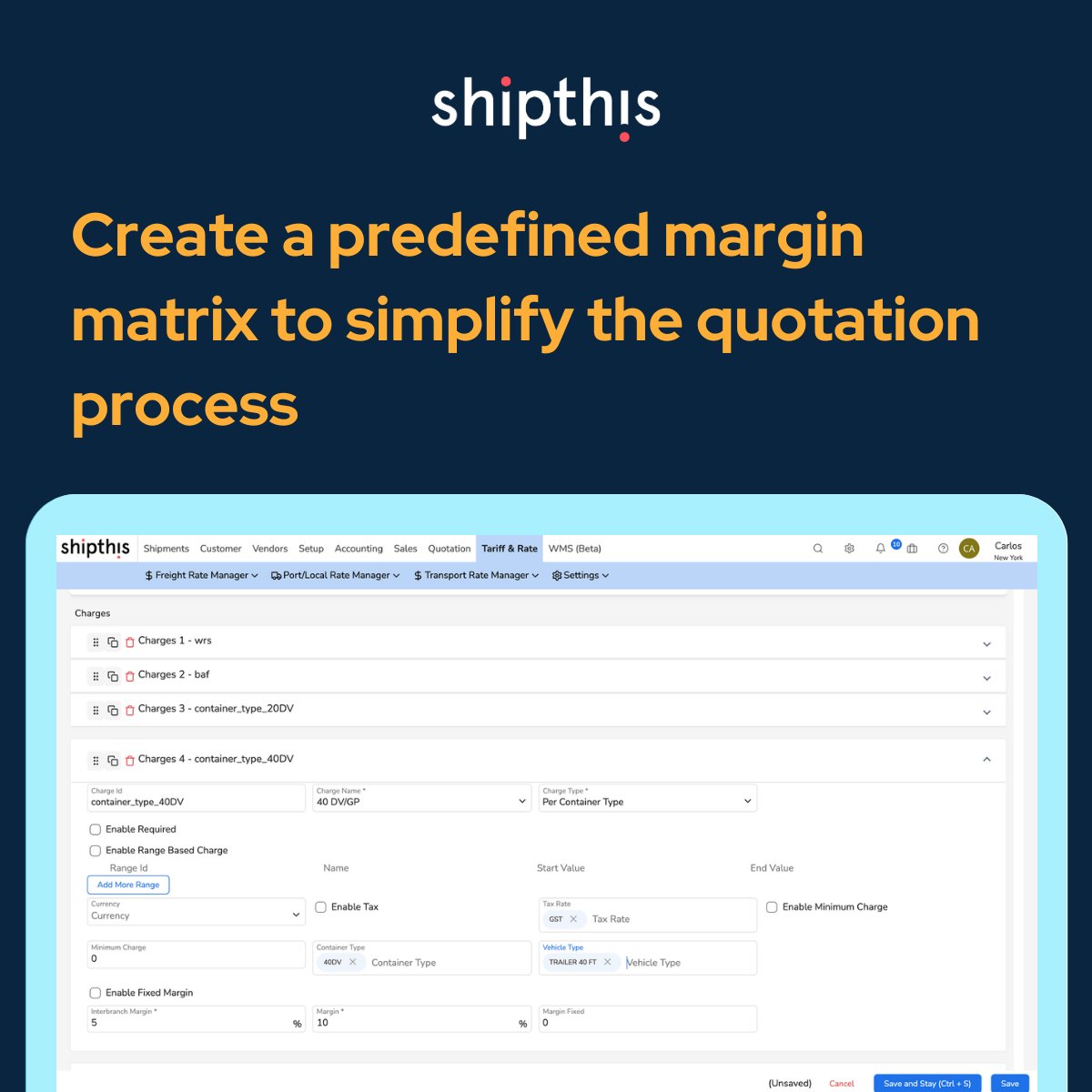 Elevate your freight forwarding operations with Shipthis's Charge Configuration! Shipthis configures your charge matrix, from defining a matrix based on distance, container type, or weight, to selecting the currency that suits your clients. #Shipthis #LogisticsSolutions