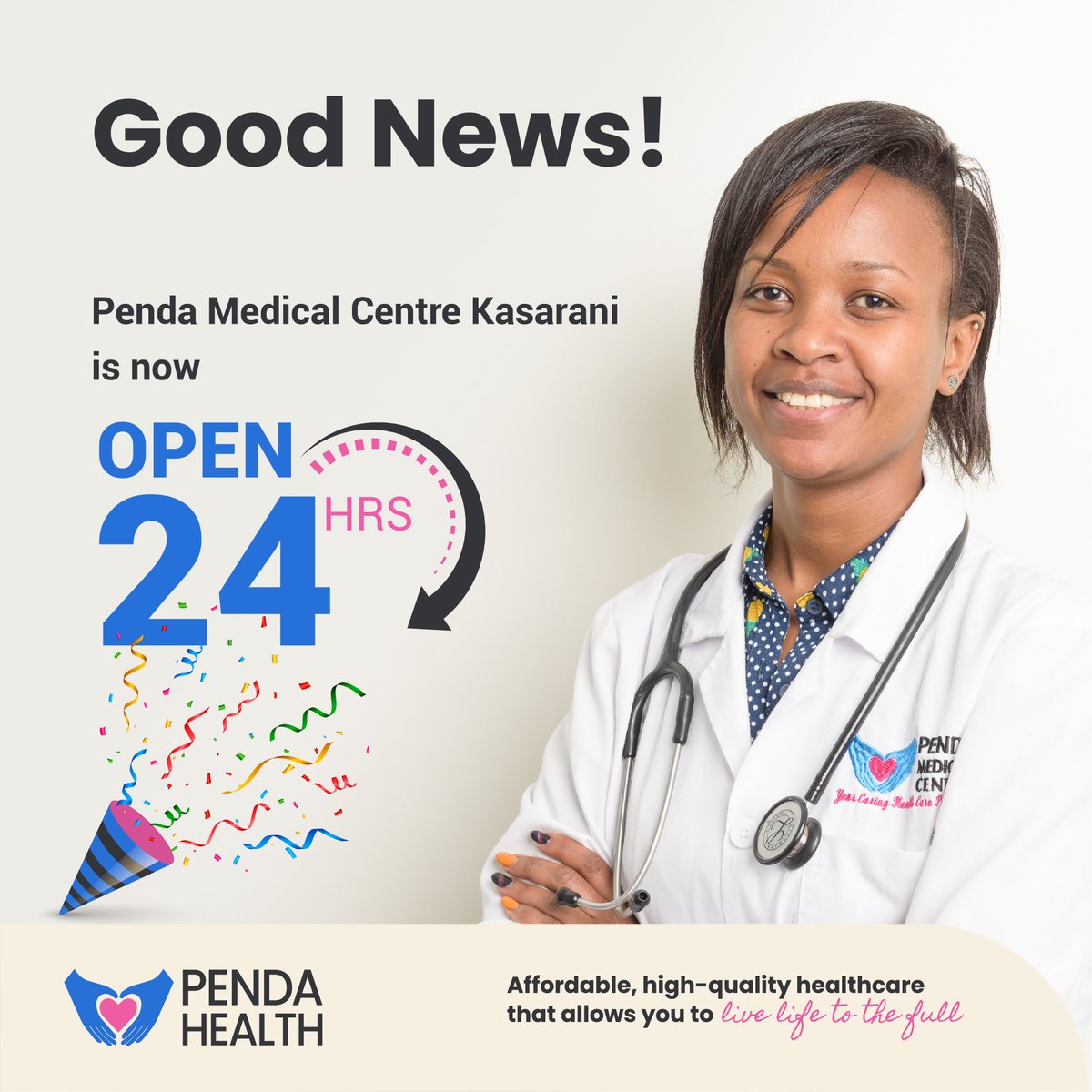 Good News!
Penda Medical Centre Kasarani, located along Seasons Road, 100m off Seasons Stage is now open 24hours!! 
Pigia Penda on 0207909045 or Chat na Penda on 0207640471 for inquiries.
#livelifetothefull
#affordable
#highqualityhealthcare