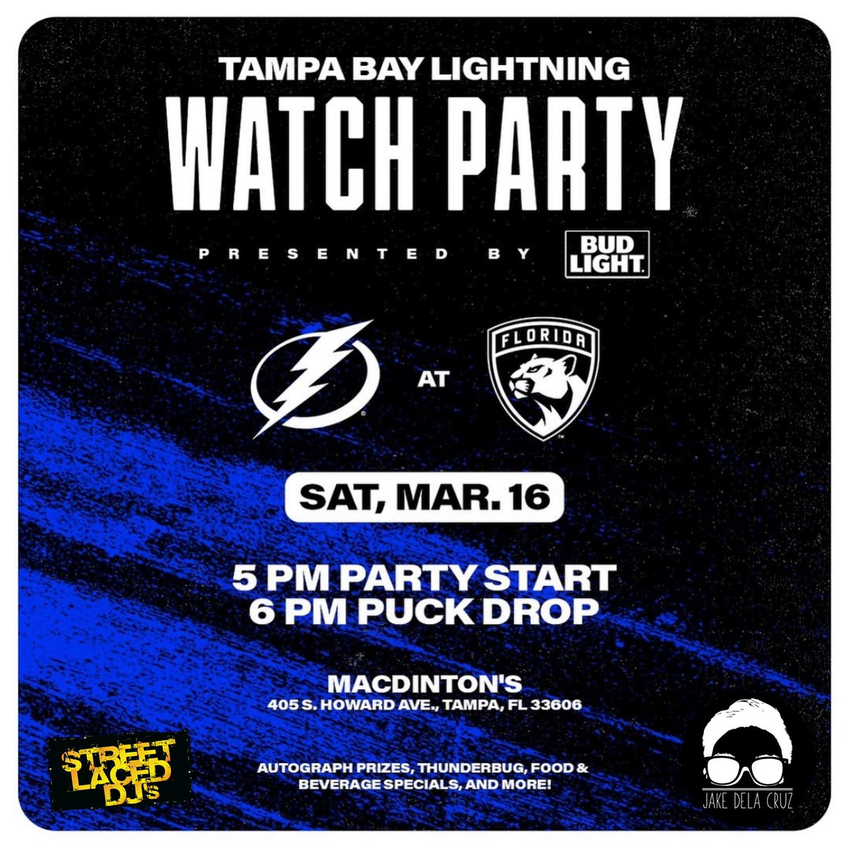 We hope to see YOU tomorrow #BoltsNation⚡️Meet us at @MacDintonsSoHo for the OFFICIAL @TBLightning Watch Party at 5pm! #StreetLacedDJs own @DJJakeDelaCruz on music vibes, @TBLRollingTHNDR, @ThunderBugTBL & the #BoltsBlueCrew will be ready to rock! Bolts battle @FlaPanthers at 6p!