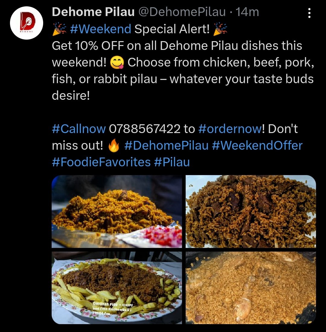 sindiheba1's tweet photo. Nubwo ngitegereje aga Contract gashya muri @DehomePilau sinabura kubatumikira 😎🔥

#Weekend ya Promotion yageze 10% y'igiciro cya Chicken,Beef&amp;Pork #Pirau baba barivanyeho 🤷

Mwamfashije Likes 200 na Retweets 100 ngasangira iyi #Pirau n'aba tweeps hano 😩🙏 https://t.co/ouO9M5aszJ