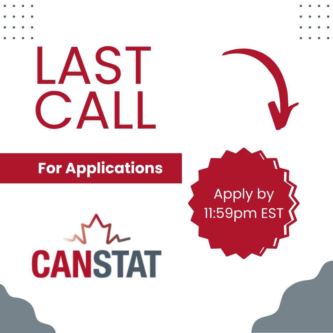 Today is the LAST DAY TO APPLY! Submit your CANSTAT application by 11:59pm EST: can-stat.ca/admissions-and… #ClinicalTrials #Biostatistics #StatisticalMethods #Biostatisticians #ResearchStatistics #ClinicalDataAnalysis #StatsTraining #DataAnalysisTraining