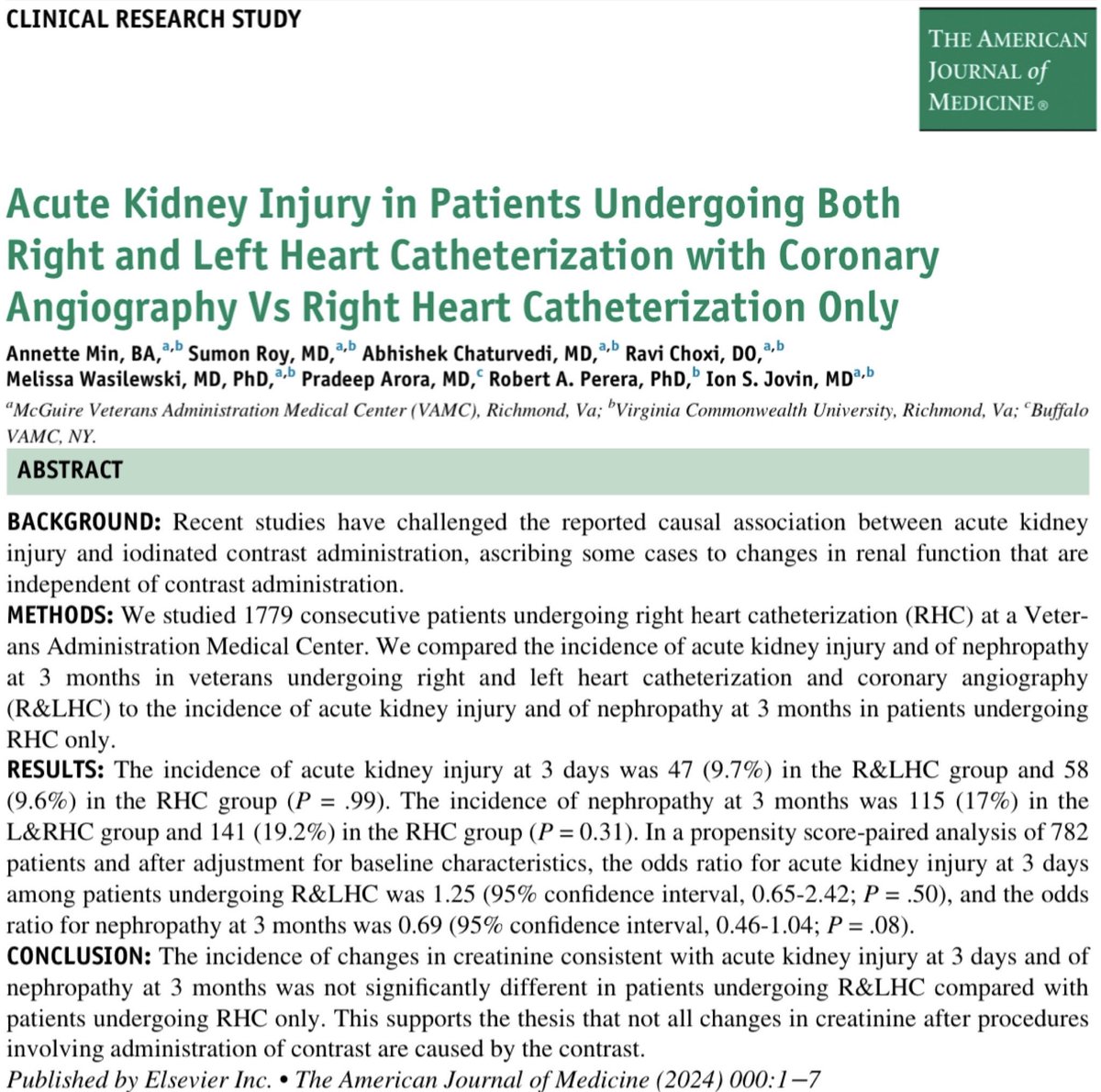 IAmDoctorAbhi's tweet photo. Hot off the press 🔥

Led by ⭐️ #AnnetteMin, Our study showed no difference in incidence of #AKI &amp; of nephropathy at 3 months after #RightHeartCath vs. #RightLeftHeartCath, now out in @amjmed

#MedTwitter #CardioTwitter #NephTwitter #MedEd

Link👉🏻 https://t.co/xgLhml3POB https://t.co/Wi5pgVfwsj