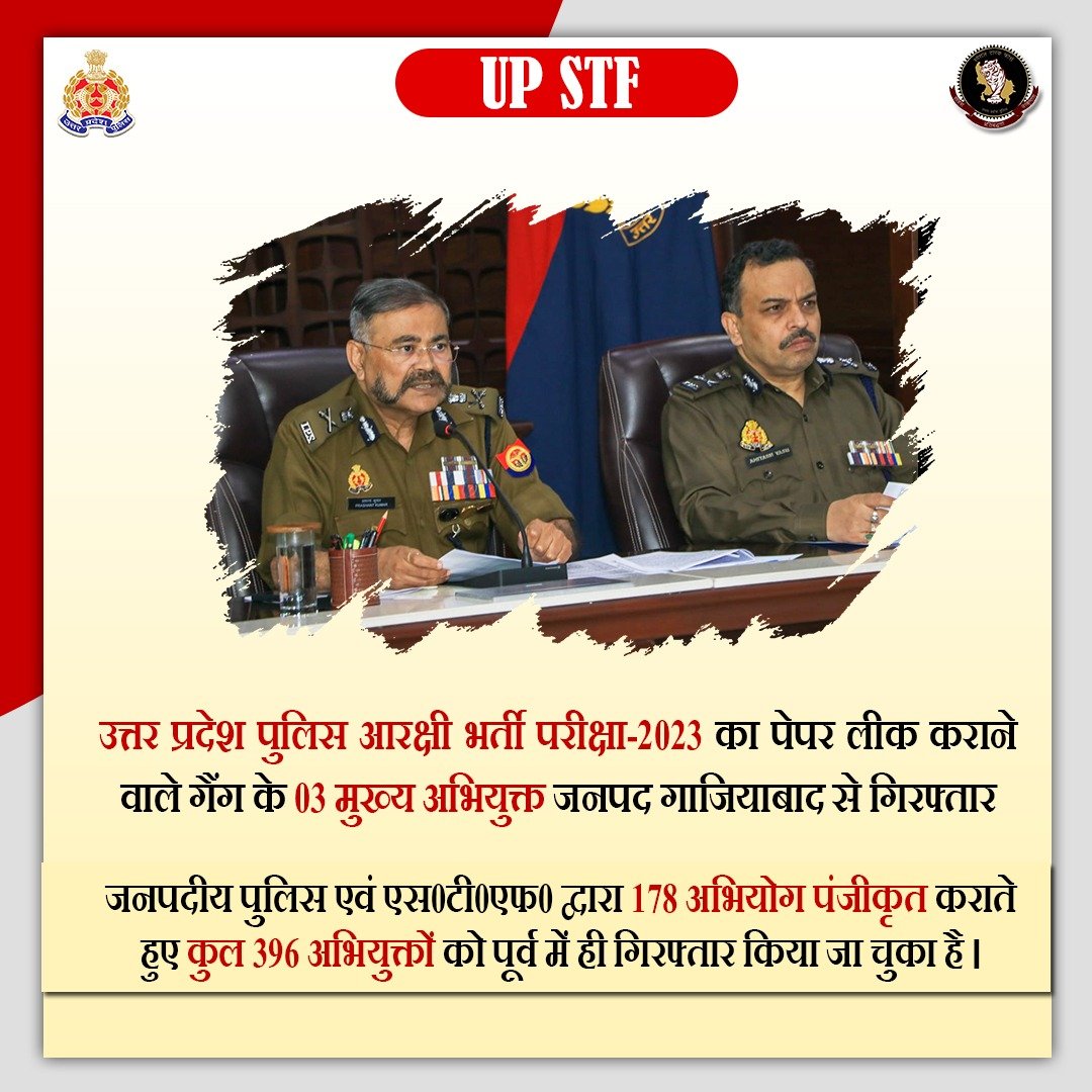 उत्तर प्रदेश पुलिस आरक्षी भर्ती परीक्षा-2023 का पेपर लीक कराने वाले गैंग के 03 मुख्य अभियुक्तों को @uppstf द्वारा जनपद गाजियाबाद से गिरफ्तार किया गया है उक्त प्रकरण में अब तक कुल 178 अभियोग पंजीकृत कराते हुए कुल 396 अभियुक्तों को गिरफ्तार किया जा चुका है। drive.google.com/file/d/1Df7tlB…