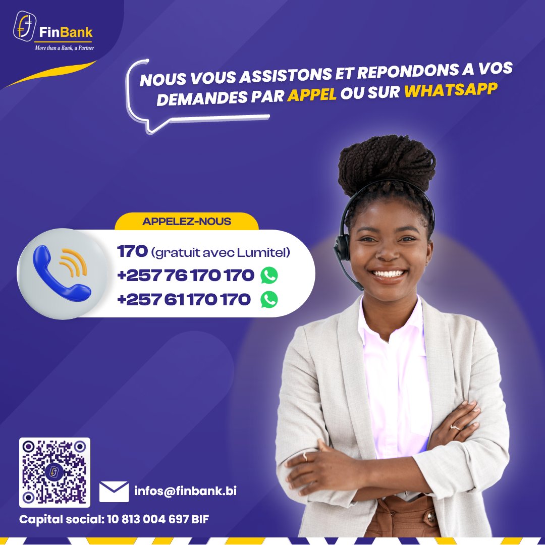 AFinbank's tweet photo. Que ce soit par appel ou via WhatsApp, nos agents sont là pour vous orienter et traiter toutes vos demandes avec efficacité et professionnalisme.
Contacts:  
170
+257 76 170 170 (WhatsApp)
+257 61 170 170 (WhatsApp)
#Finbank
#ourcustomersfirst
#morethanabankapartner https://t.co/gtZEYWaxHa