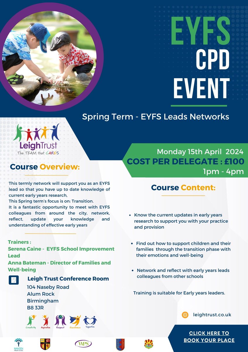 EYFS Leads Network Join us on 15th April. This Spring terms focus in on Transition. It is a fantastic opportunity to join with colleagues from around the city, network and reflect. Please click on the following link to book your place, form.jotform.com/231833123608047