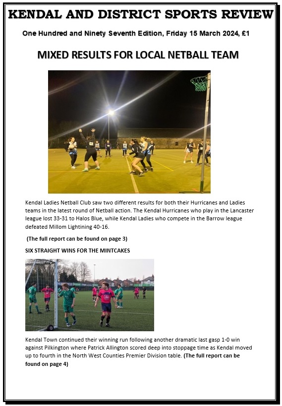 Hiya the latest edition of my magazine is now available for anyone who is keen and interested in local sport. I try to add variety with many different sports covered (Over 29 pages this week), so yes if you could give it some support that would be great. kendalanddistsportsreview.com/product-page/1…