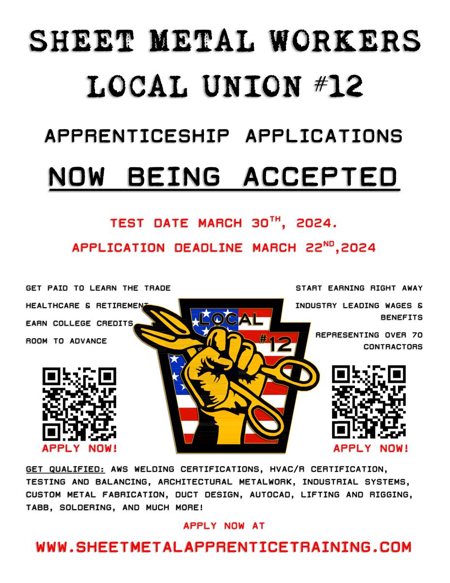 🚨 Exciting news! 🚨 Sheet Metal Workers Local Union #12 is accepting apprenticeship applications! 🛠️ 📅 Deadline: March 22, 2024 📝 Testing: March 30, 2024, 8:00 AM Apply: sheetmetalapprenticetraining.com 📞 Call for more info! Don't miss out! 🛠️ @PghWorkforce