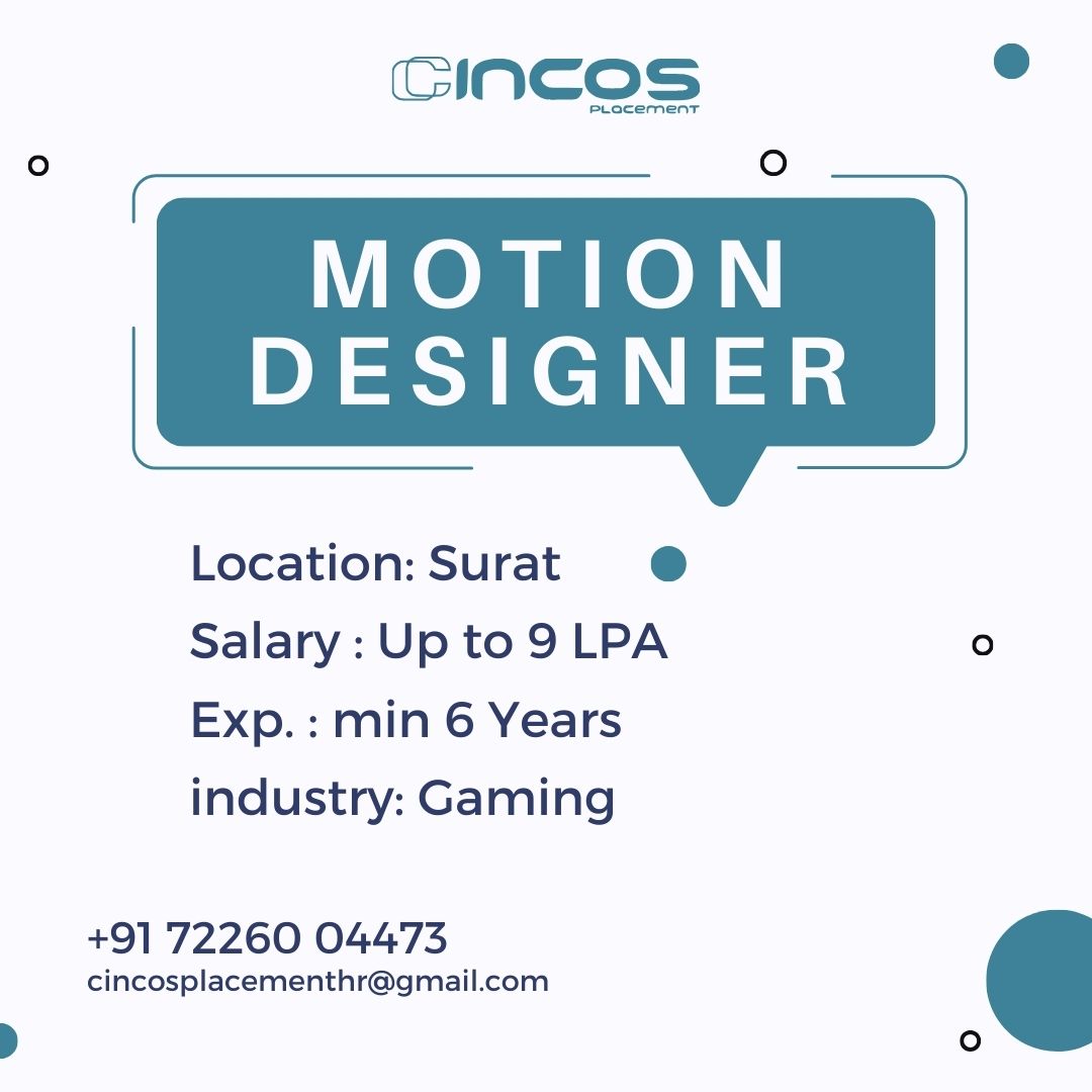 Join us as a Motion Designer! Explore new horizons with the best job placement services in Surat. 

Contact Us
Phone: +91 7226004473

#MotionDesigner #SuratJobs #CreativeMotion #CareerGrowth #BestRecruitmentConsultancyInSurat #BestRecruitmentAgencyInSurat