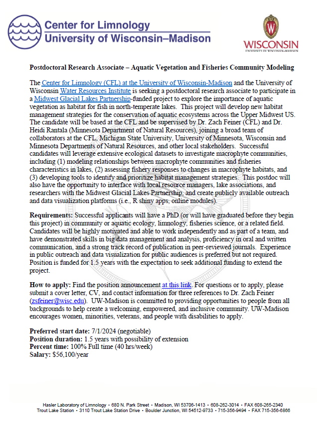 Midwest Glacial Lakes Partnership (@mglfhp) on Twitter photo Post-doc announcement with Zach Feiner and other great MGLP-affiliated folks studing interactions between aquatic plants and fish in lakes. What a cool gig! please share with those that might be interested
hr.wisc.edu/postdoc-and-re… Post-doc announcement with Zach Feiner and other great MGLP-affiliated folks studing interactions between aquatic plants and fish in lakes. What a cool gig! please share with those that might be interested
hr.wisc.edu/postdoc-and-re…