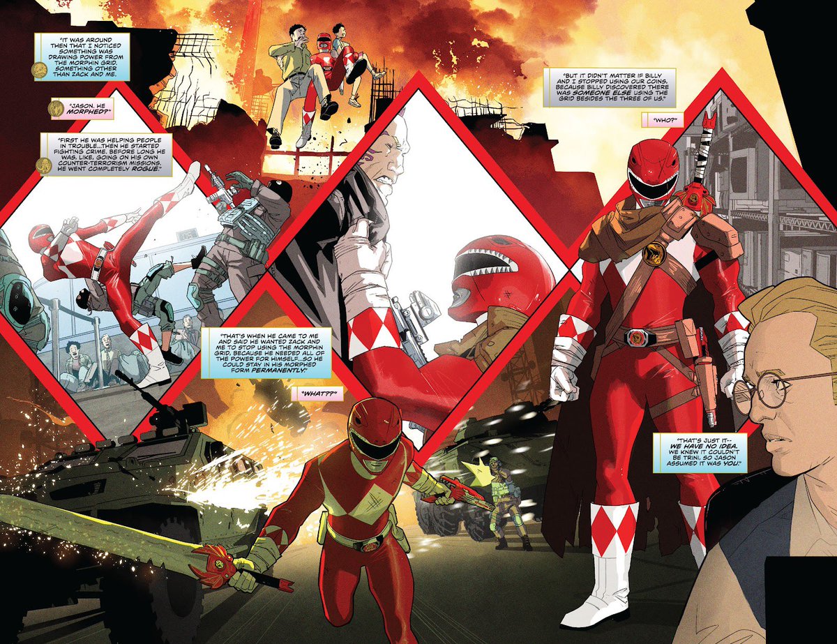 double spread from #mmpr #thereturn issue 1! #2 is out (with colors by Dono Sanchez Almara), and it’s very interesting to see how different colorist can have different styles on same art and all look awesome!
@Matt__Hotson @_amyjojohnson @NicoLeon_ @faureiana @eDukeDW @DafnaDOOM