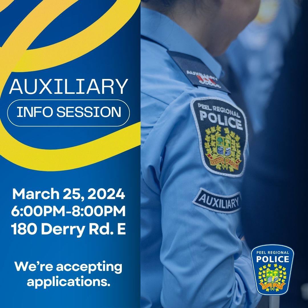 🚔👮‍♀️ Interested in joining our Auxiliary team? Attend our upcoming Info Session! Applications open! 🌟 Get answers, make a difference. Don't miss out! 💼✨ Register via bio link! #PeelRegionalPolice #AuxiliaryInfoSession #JoinTheTeam