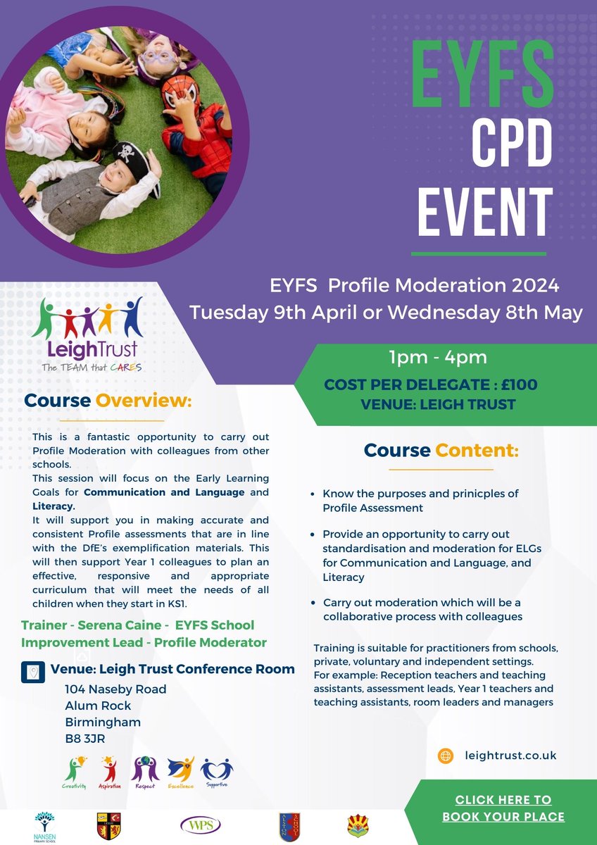 EYFS Profile moderation 2 dates available! This session will focus on the Early Learning Goals for Communication, Language and Literacy.  To book your place please click on the following link, form.jotform.com/231833123608047