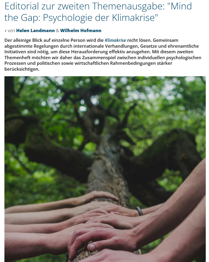 Unsere Woche endet mit einem Highlight: Die zweite Ausgabe der von @HelenLandmann und Wilhelm Hofmann herausgegebenen Themenausgabe zur Psychologie der #Klimakrise ist online! Das zweite Heft blickt auf die gesellschaftlichen Rahmenbedingungen. de.in-mind.org/article/editor…