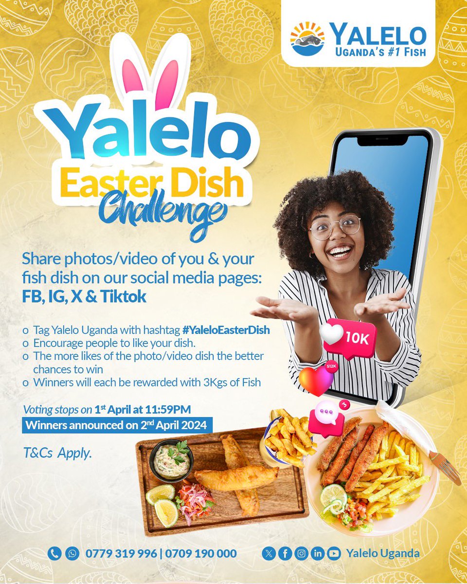 I’m excited about whipping up some fish recipes with @YaleloUganda for Easter! And YOU can too... 🤗🤗 
How? Share photos or video of you and your tilapia dish on all social media to win!
•Tag Yalelo Uganda with the hashtag #YaleloEasterDish.
Let’s get cooking! #UgandasNo1Fish🐟