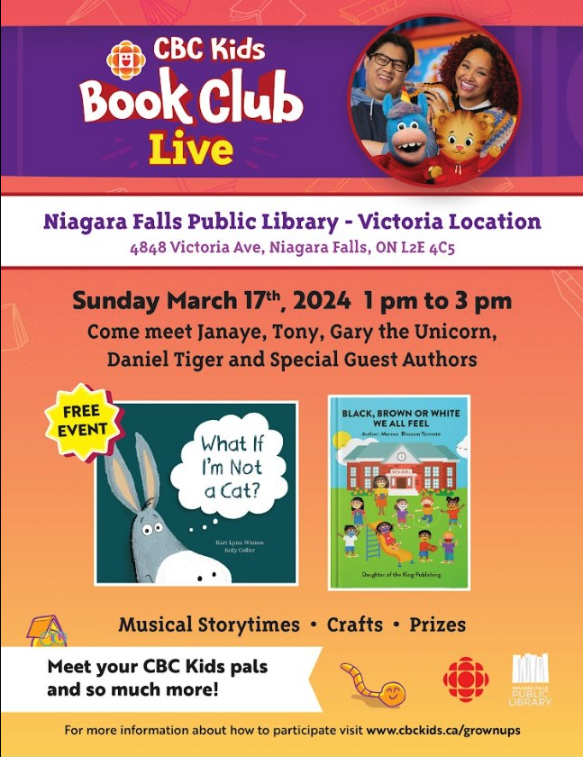 This Sunday on CBC Kids Book Club Live! Or in person at the Niagara Falls Library from 1pm to 3pm. Hope to see you there.