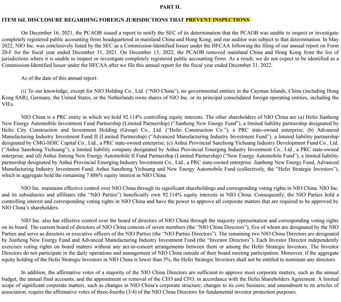 This is a new SEC filing which just popped up about NIO: 'To our knowledge, none of the member of the boad of director of NIO...is an official of the Chinese Communist Party, except for Ms. XiaoBei Chen'

'This Amendment No. 1 is being filed solely to amend and restate in its…