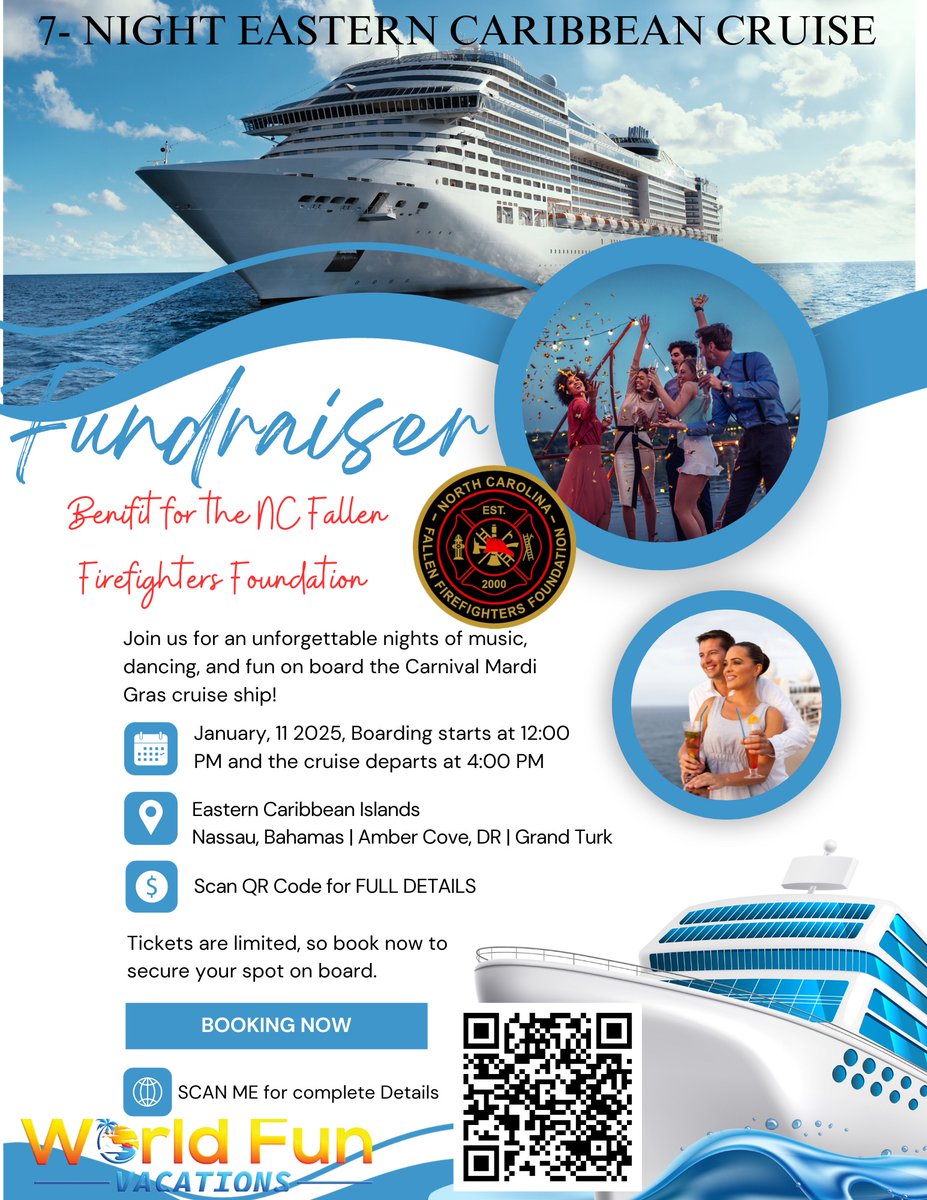 2025 "SEAS OF GRATITUDE CRUISE"
BENEFITTING THE NC FALLEN FIREFIGHTERS' FOUNDATION
World Fun Vacations is hosting a cruise benefit for the NC Fallen Firefighters Foundation.
Here is the link worldfunvacations.com/mbg/2025-ncfff…
Final deposit balance due April 1, 2024