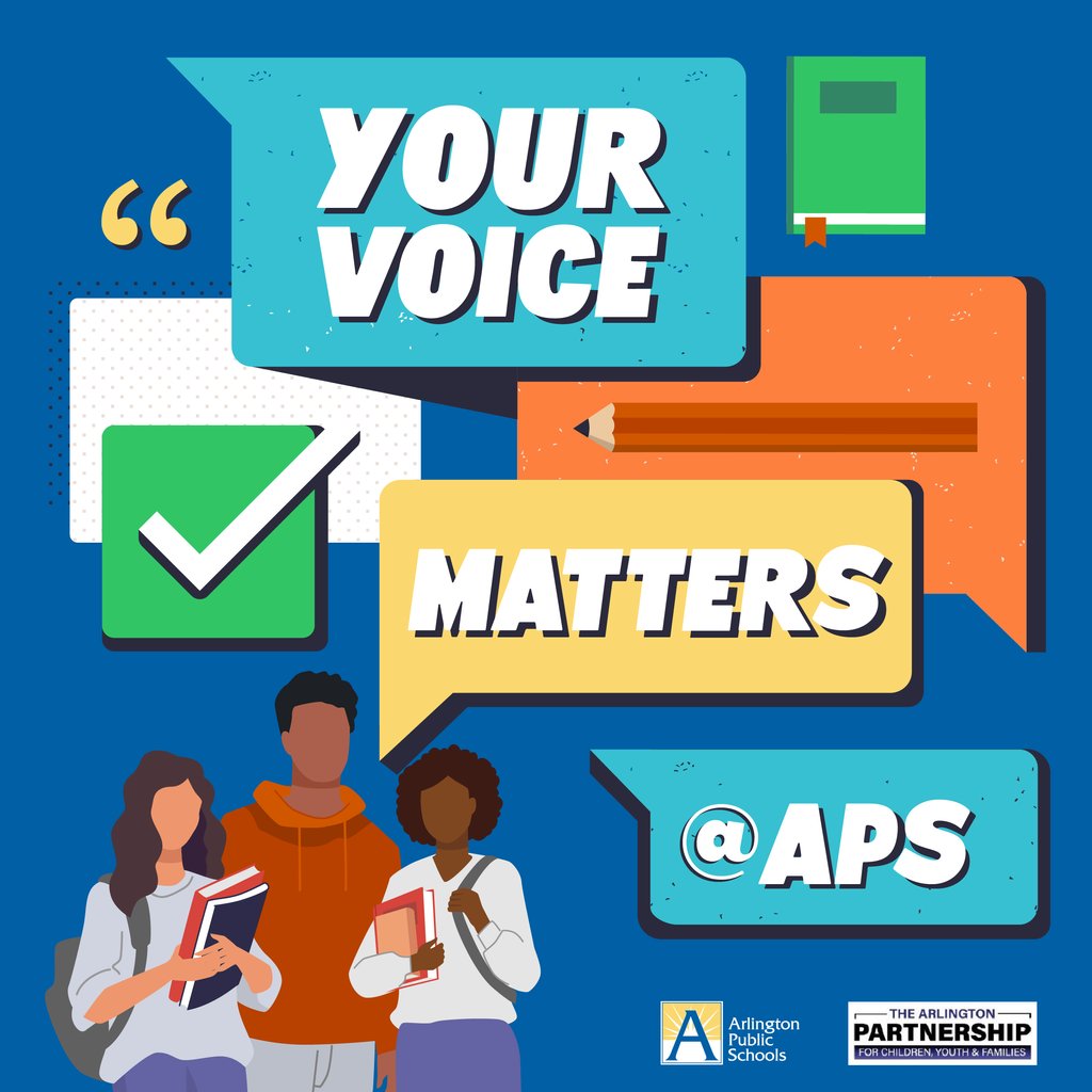 📣 Your Voice Matters @ APS 💬 Please complete the Your Voice Matters survey by next Fri, March 22. Look for the email “Arlington Public Schools Wants to Hear from You!” Email engage@apsva.us or call or text 571-200-2770 with questions. #APSisAwesome #EveryAPSstudent