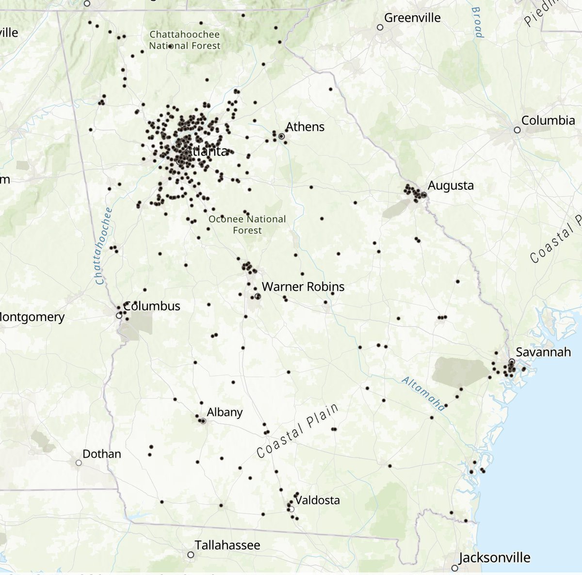 Here's a map of every private school in GA. As you can see, there are large swaths with little to no access to a private school (particularly given that these schools, unlike public schools, are not obligated to provide transport). School vouchers sell out rural GA's students.