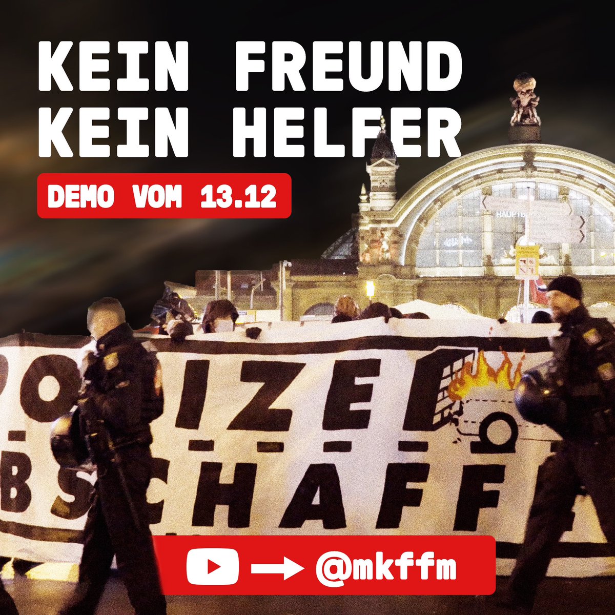 Zum 15.03., dem internationalen Tag gegen Polizeigewalt, veröffentlichen wir unsere Aufnahmen der Demonstration "KEIN FREUND, KEIN HELFER!" der Kampagne "Kein Einzelfall", welche am 13.12.2023 in Frankfurt statt fand. 

youtu.be/1dyocp1vUzI?fe…