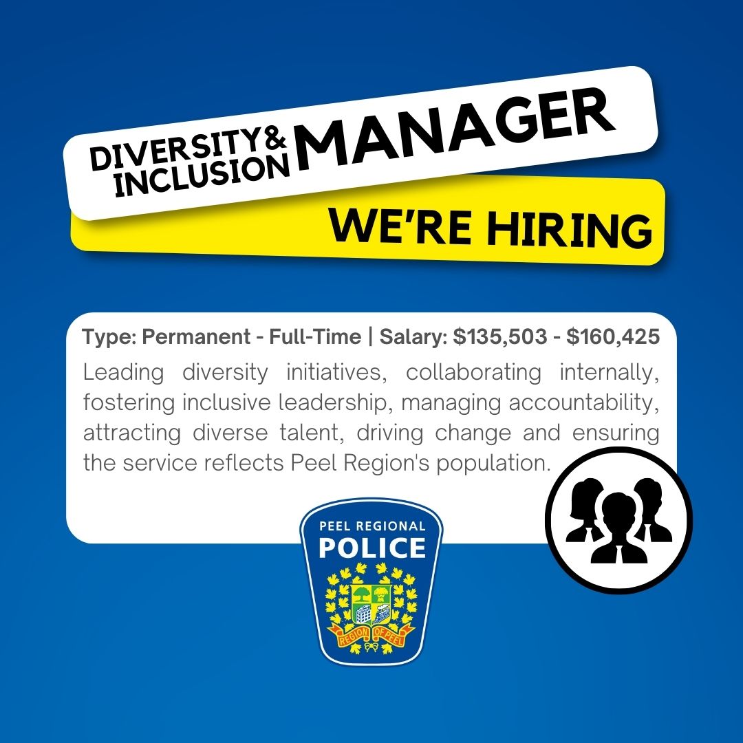 🌟 Join us at Peel Regional Police as our new Diversity & Inclusion Manager! Drive equity initiatives, collaborate, and lead with impact. Competitive compensation and benefits. Apply by April 1st! 🚔 #DiversityInclusion #JobOpportunity #PeelRegionalPolice