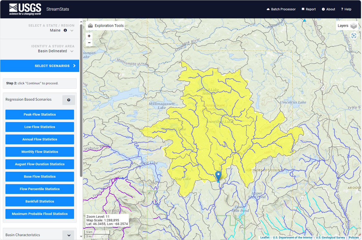 Happy Statehood Day to Maine! Pictured here is the watershed of USGS streamgage #01029200, Seboeis River near Shin Pond, ME. 

Maine users can calculate 9 types of flow statistics and over 25 basin characteristics. Learn more at ow.ly/HkE350QJZnk