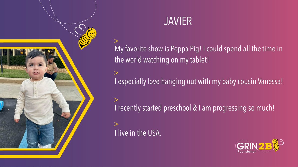 GRIN2Bsyndrome's tweet photo. Meet Javier from the United States! He loves Peppa Pig, his baby cousin, Vanessa and recently started preschool! πππ#facesofGRIN2B #grin2bees #GRIN2BAwareness https://t.co/TmQkJBGCbg
