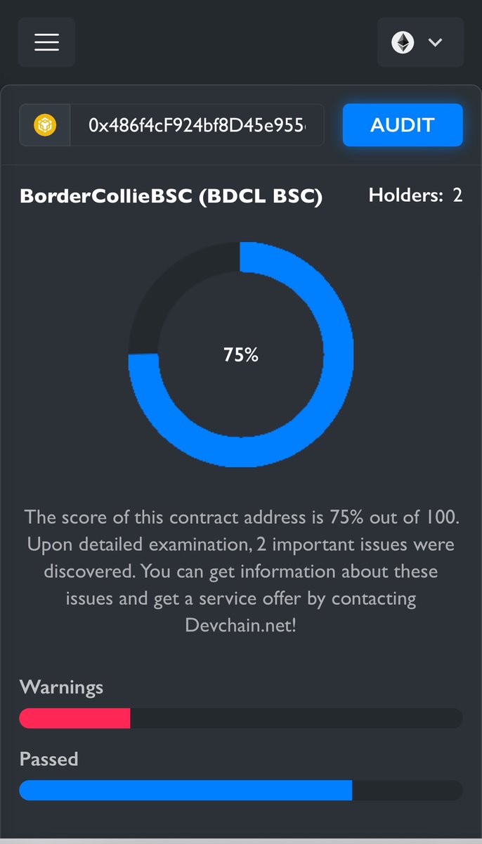 DevChainNet's tweet photo. @BorderCollieBSC Quick audit for @BorderCollieBSC Invest safely!

For more audit: https://t.co/xCj86E3SlC
Telegram: https://t.co/WrIaUEIL7c https://t.co/j4ueC0osJ5