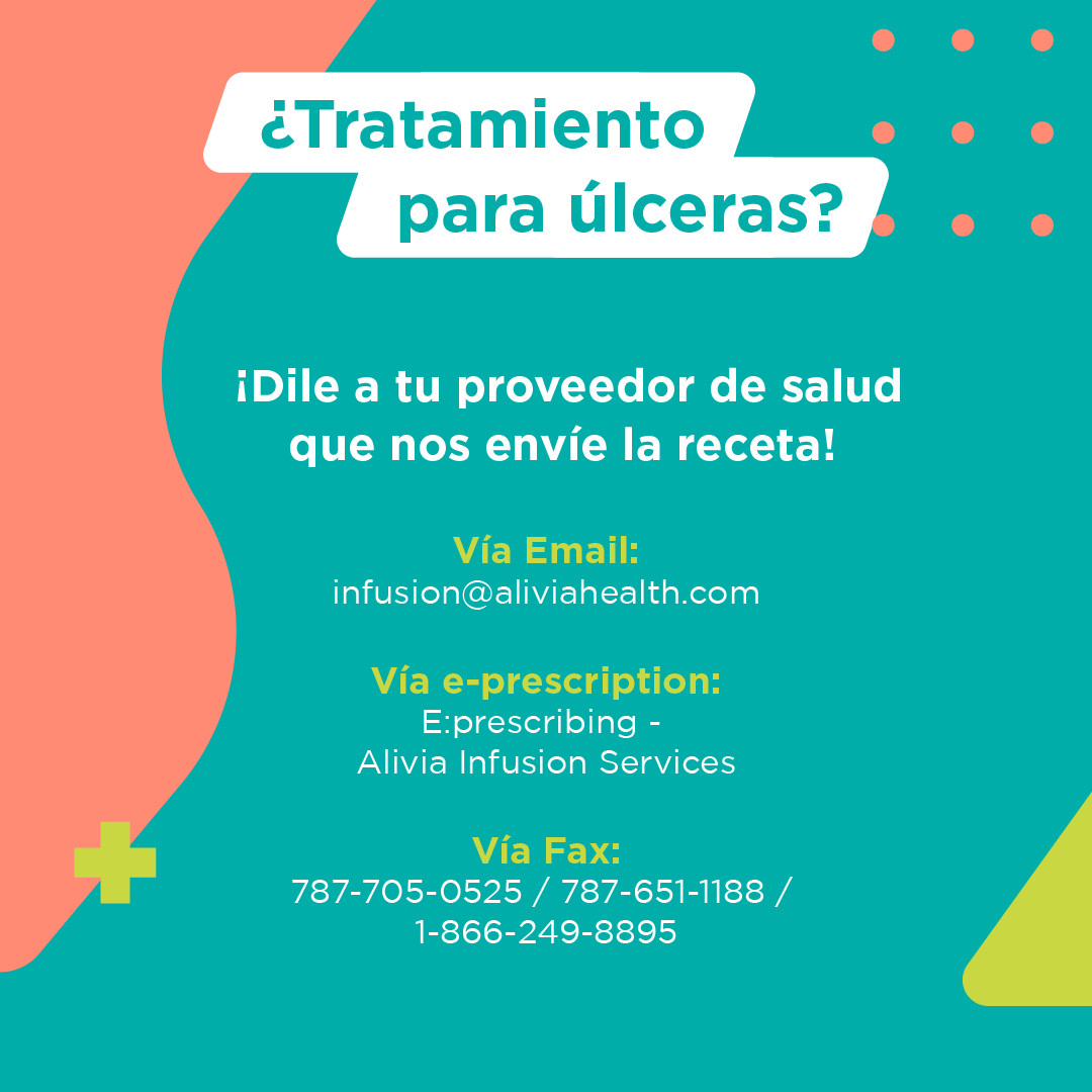 AliviaNetwork's tweet image. En Alivia Infusion Services ☝🏽 contamos con los tratamientos de infusión 🛌 para tratar las úlceras en la comodidad de tu hogar. 

¡Envíanos la receta! 👉🏻 bit.ly/3tcl4e2

#aliviainfusionservices #aliviahealth 
#pacientesprimero