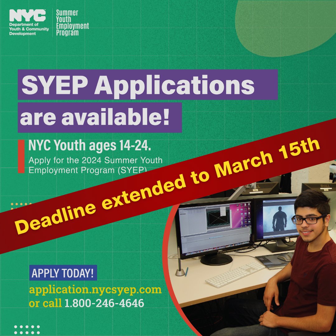 cpc_nyc's tweet photo. Today is the last day! The 2024 Summer Youth Employment Program (#SYEP) is your opportunity to acquiring valuable skills and experience in your preferred field. Visit https://t.co/SHGKURQN1D today. #NYCSYEP #NYCYouth #DYCD https://t.co/25cSh4jbp7