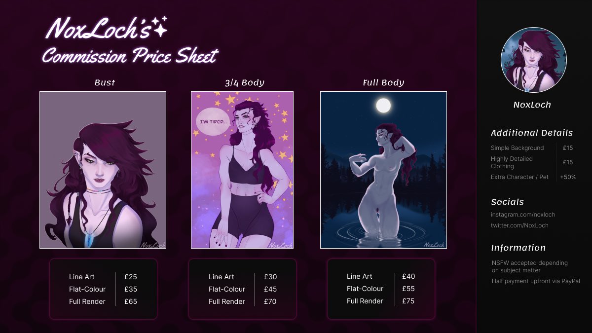 My commission price sheet is finally here. Dm for more info! #commisionsopen #commissionsopen2024 #commisionprices #noxloch #nsfwart