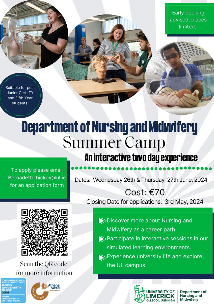 The Department of Nursing and Midwifery are delighted to launch this year's Summer camp, aimed at 4th, 5th and 6th year students who would like to pursue nursing or midwifery as a career. We would invite interested applicants to get in touch with bernadette.hickey@ul.ie.