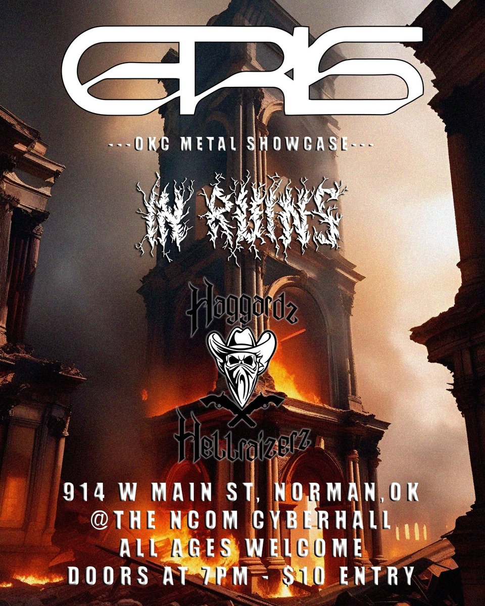 Tonight (Fri 3/15) OKC Metal Showcase with Eris, In Ruins and Haggardz Hellraizers! All Ages. Doors at 6pm, Music 7-10pm. $10 Cash Entry. NCom Cyberhall 914 W. Main St. Norman, OK 73069. #LiveMusicOklahoma #OKLiveMusic #OKCMetal #SupportLocalMusic #SupportLocalMusicVenues