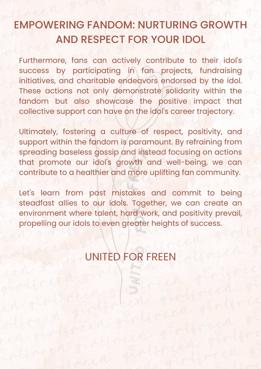 Let's be the supportive fans our idols deserve! 

Empowerment over gossip, growth over rumors. 

UNITED FOR FREEN
#srchafreen #GIRLFREEN #unitedforfreen #SupportFreen #PositiveFandom