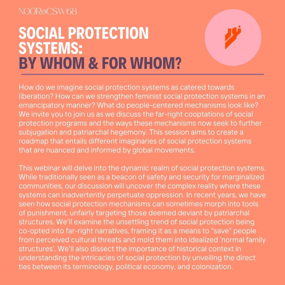 Join us for Noor's virtual parallel event at @NGO_CSW_NY  on 'Social Protection Systems: By Whom and For Whom?' 🗓️ 20 Mar, 2024 ⏰ 10:30AM-12:30PM (EST)/5:30-7:30PM Nairobi 🔗 Register: us02web.zoom.us/webinar/regist… #NOORatCSW68 #SocialProtectionSystems #AntiFarRight @Tooba_SD