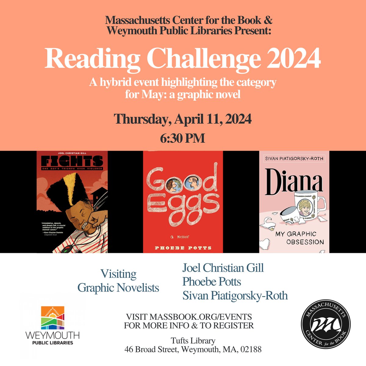 Come to a #graphicnovel event @WeymouthLibrary w/ 3 #Massachusetts #authors before May's #MassBookReadingChallenge: <a href="/JCG007/">John Gay Sr</a>, <a href="/toofatforchina/">Phoebe Potts</a>, &amp; Sivan Piatigorsky-Roth! Hybrid: ow.ly/BGtM50QSc9z #cartoons #comics #CenterForTheBook <a href="/MassLibAssoc/">Massachusetts Library Association 📚</a> <a href="/mblclibraries/">MBLC</a> <a href="/NEIBAbooks/">New England Independent Booksellers Association</a>